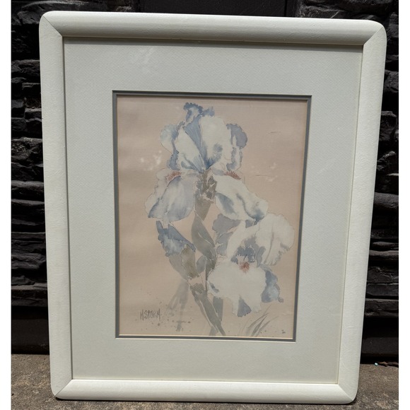 Vintage M Storm Blue Iris Watercolor Painting Signed Framed Floral Art 26x22‎ in
